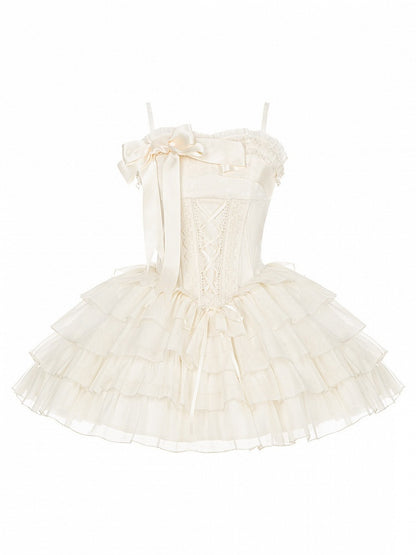 Boned Corset Waist Spaghetti Straps Dress Lolita JSK with Tiered Skirt - With PUJI
