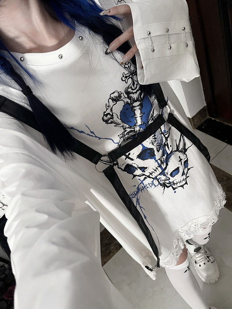 + Long-Sleeve Black Skull Print Straps Heart PU Punk Blue White with Subculture Top