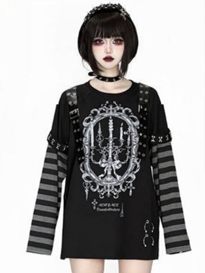 Leather Straps Black Long-Sleeve Punk Decorated Kei Top Gray Candle Printed Striped Jirai