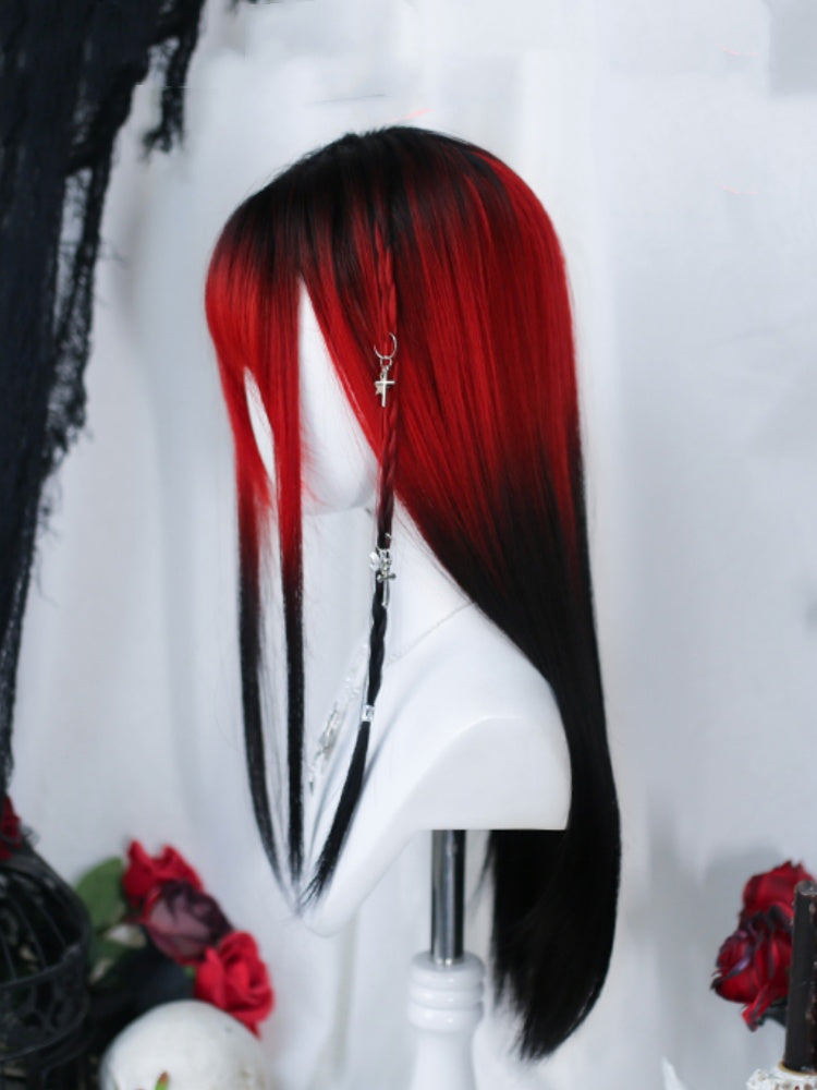 Red & Black Ombre Under Bust Length Straight Wig with Full Bangs