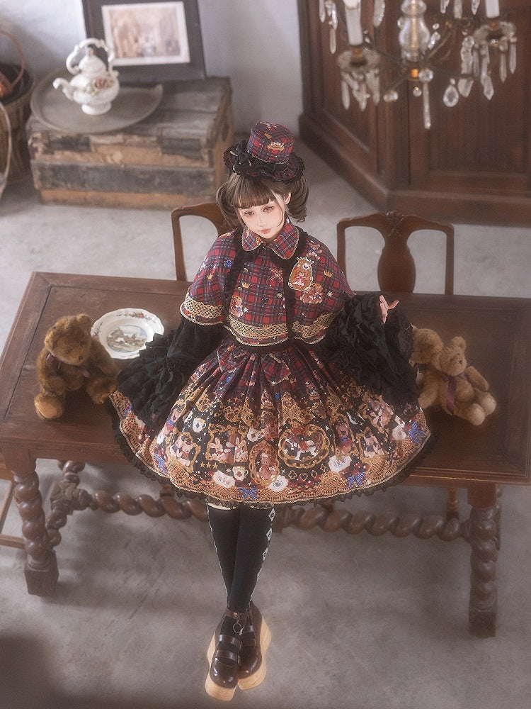 Plaid Trim Lace Lolita with Red Cape Black