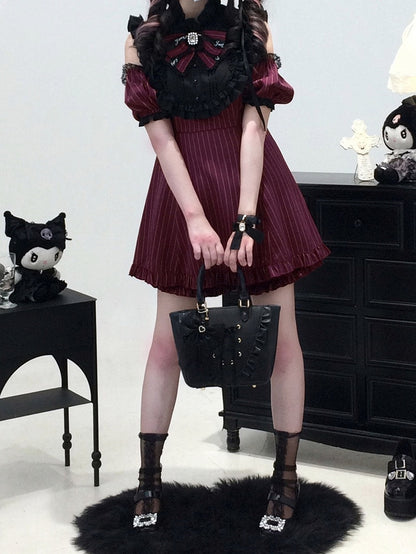 Shorts with Versatile Coord Sleeves Kei Set: Red Wine Striped Modular Matching Jirai Dress