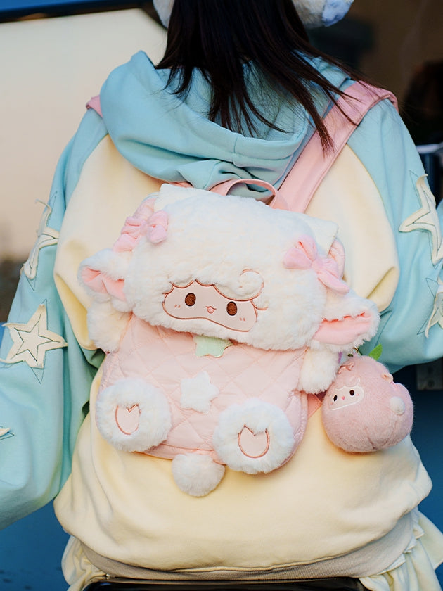 Star Diamond WhitePink Bowknot And Pattern Backpack Plush Flap Decorated Lamb