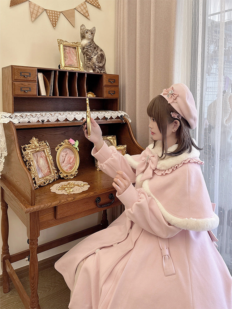 Elegant Cape and Collar Coat Peter Detachable Kei Long Plush Pan Pink with Jirai
