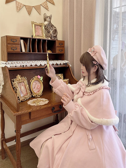 Elegant Cape and Collar Coat Peter Detachable Kei Long Plush Pan Pink with Jirai