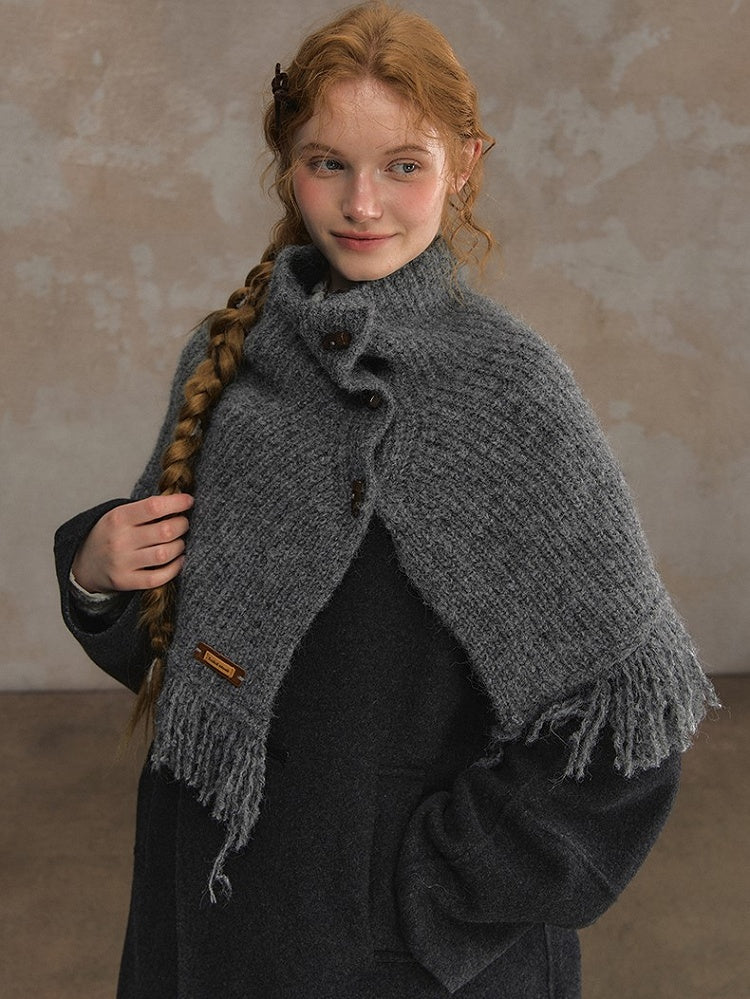 Toggle with Frayed Closure and Knit Edges Shawl Camel/Gray Cozy Winter