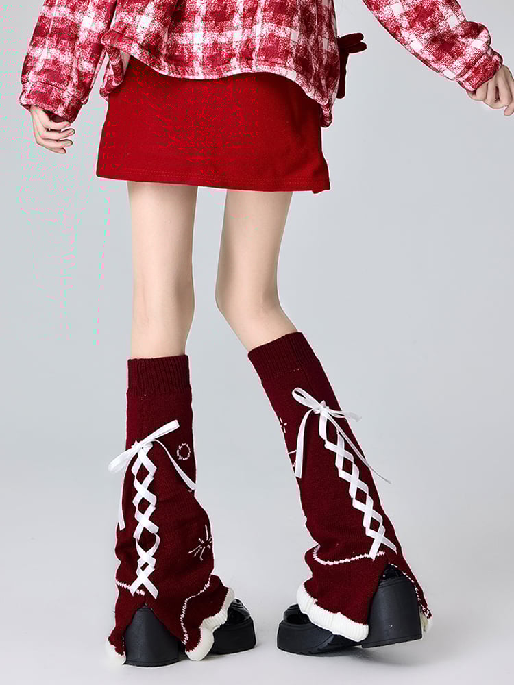 Weihnachtsrote Lolita-Stulpen mit Schleife und Schnürung