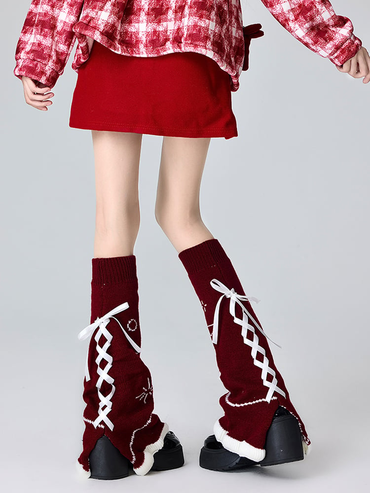 Jambières tricotées à lacets et ruban rouge Lolita de Noël