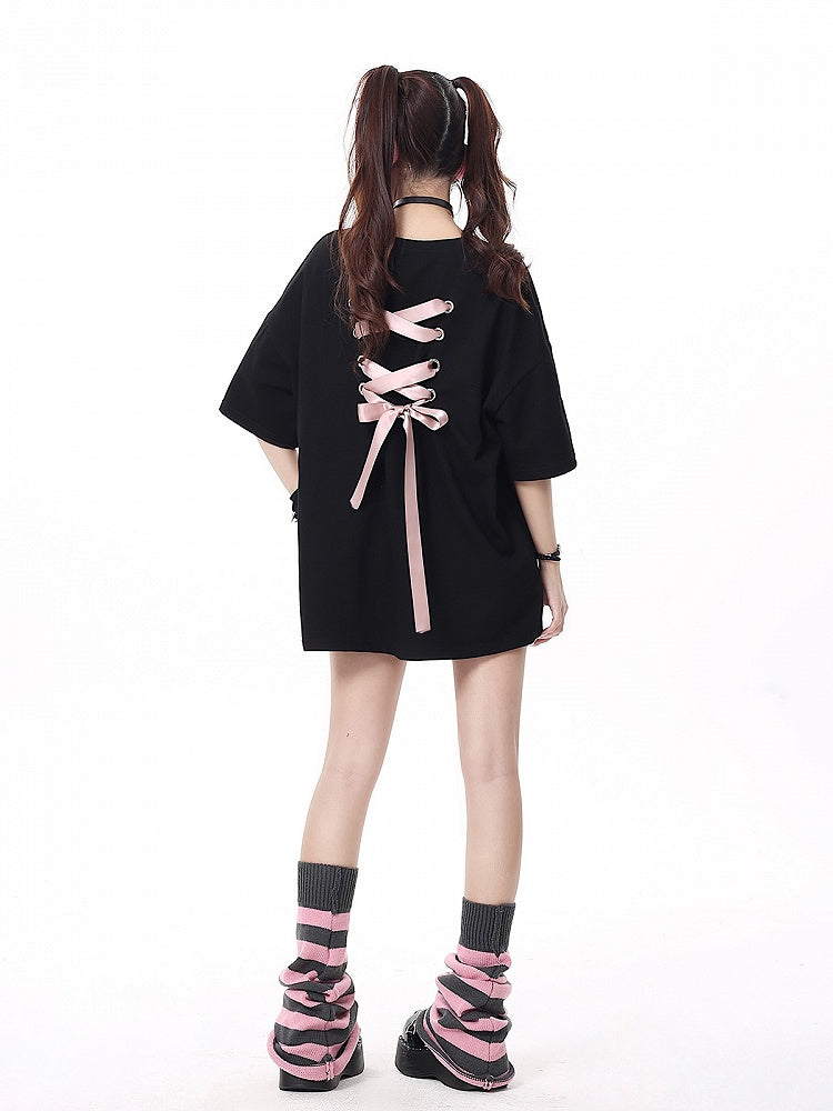 T-shirt with Details Multi-Color Black Ribbons Bow Lacing Back Print