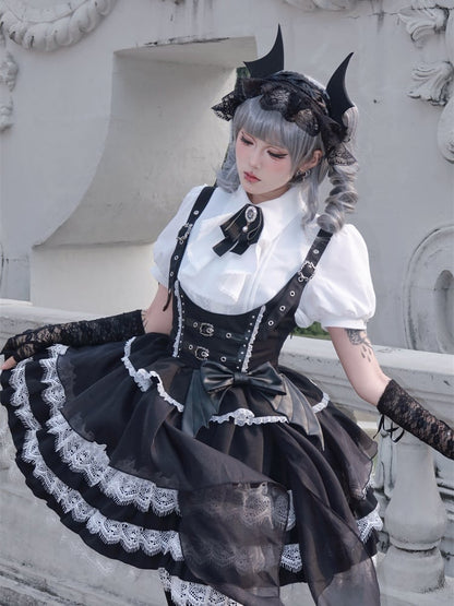Tiered Devil Overalls Wing Skirt Black Buckle Straps Gothic Lolita Dress Accent