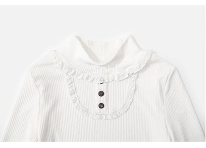 Weißes, hochgeschlossenes, langärmliges Top mit Spitzenbesatz