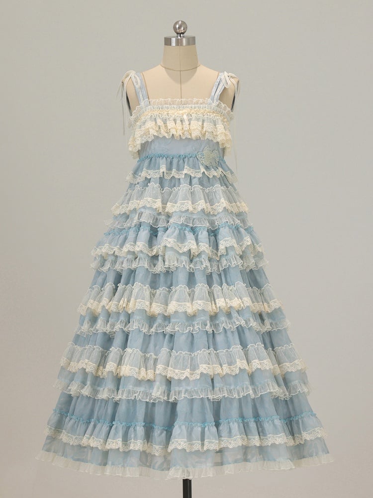 Ruffle Dress Sweet with Straps Blue Embroidery Lolita Adjustable and Multi-Layered Goldfish