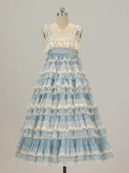Goldfischblaues, verstellbares, süßes Lolita-Kleid mit Rüschen und Stickereien, Trägern und mehrlagigem