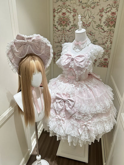JSK Bow Full Multi-Layer Lolita Dress Back / Hanayome-Style With Trim Decor + Set Lace Pink