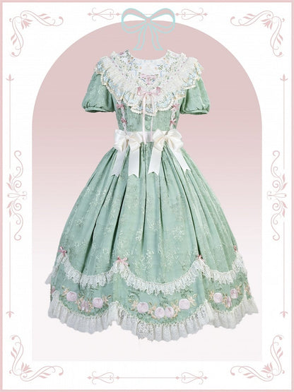 Floral Embroidered Green Lolita OP Gown with Scalloped Lace Hem