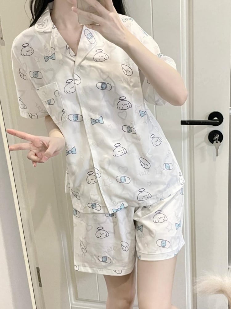 Pyjama-Set mit Engel-Print in Weiß und Rosa