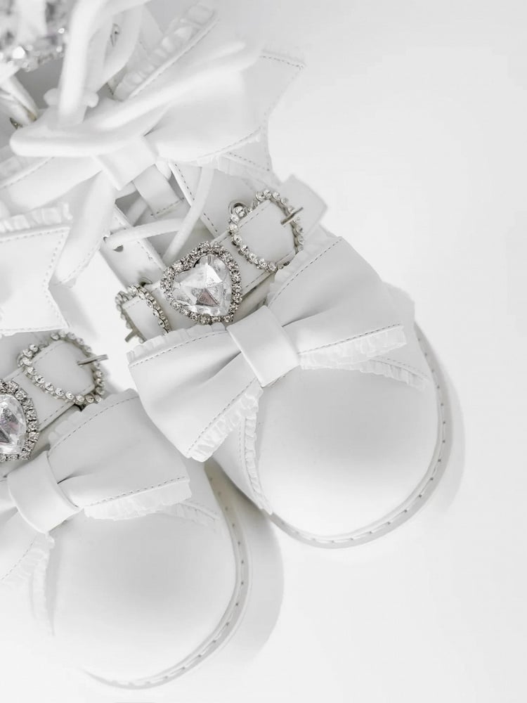 Ankle Lace-up Matte and White Jirai in Kei Buckles Sweetheart Boots with Rhinestones