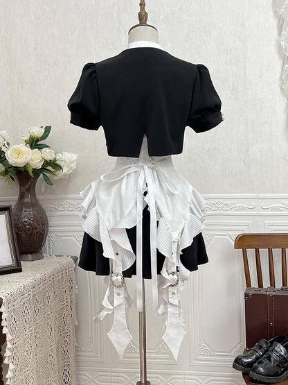 Kurzes und Gothic-Shirt, ärmellos, weiß, Lolita-Set, schwarz, voll – Top, Rock +