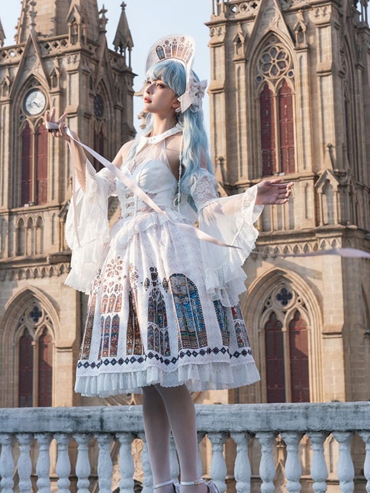 Window Halter White Gothic Lolita Neck Print Stained Jumper Church Skirt