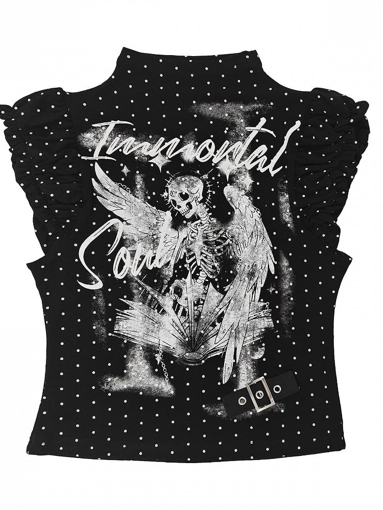 Black White Flutter Sleeve Top with Angel Skeleton Print - Catwish