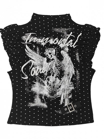 Black White Flutter Sleeve Top with Angel Skeleton Print - Catwish