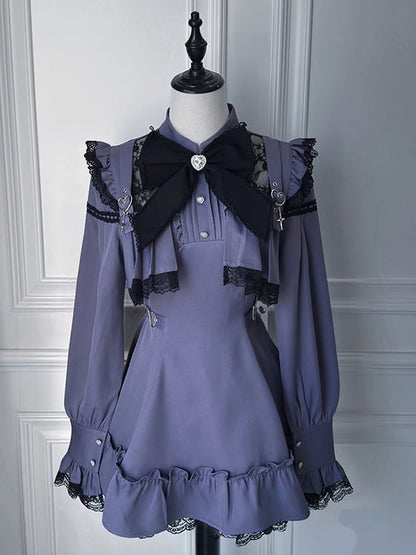 Long-Sleeve Lace Dress Kei Purple Matching + Bow Tie Ruffled Jirai Shorts Set