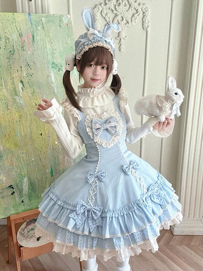 Ruffled Lace-Trimmed Lolita JSK Dress with Blue Bow Detail - Yinying Lolita