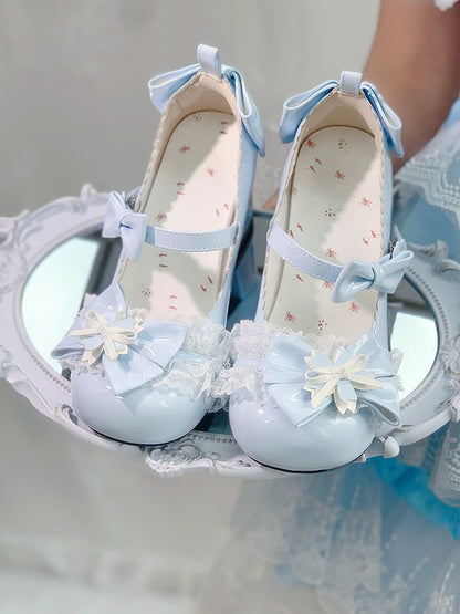Pale Blue Kawaii Round Toe Lolita Shoes with Cherry Blossom, Lace & Bow - Hazelnut Bear