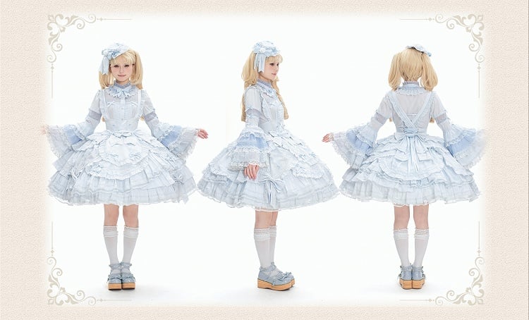 Kleid Büste Saum Rüschen Süße Akzente Schleife Lolita Lagen mit Blau Unter