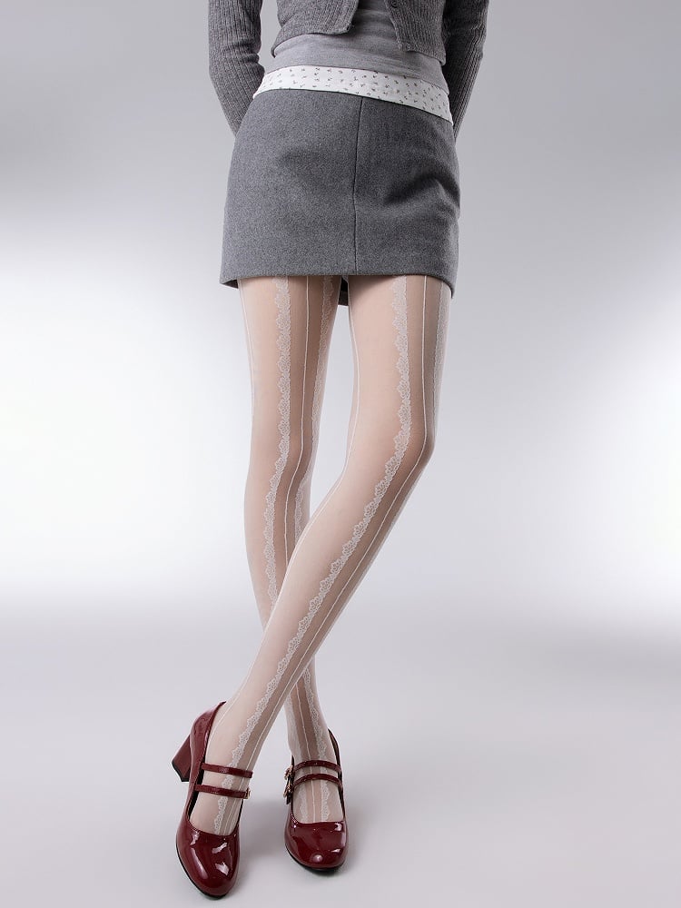 White/Black Pattern Tights Floral Creamy Vertical Striped