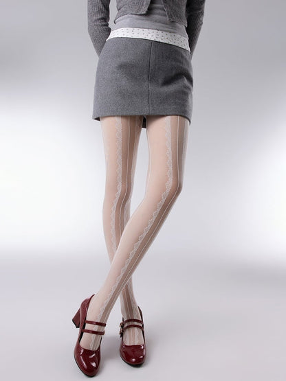 White/Black Pattern Tights Floral Creamy Vertical Striped