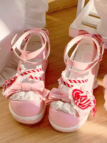 Platform Straps Lolita Top Janes Pink Bow Decor Crisscross Red Mary Sweet with Candy - Multilayer Heart Lace Strawberry Shoe Clip