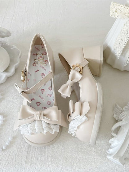 Lolita Low/Mid Heels Beige Lace with Sweet Bow Accents Trim