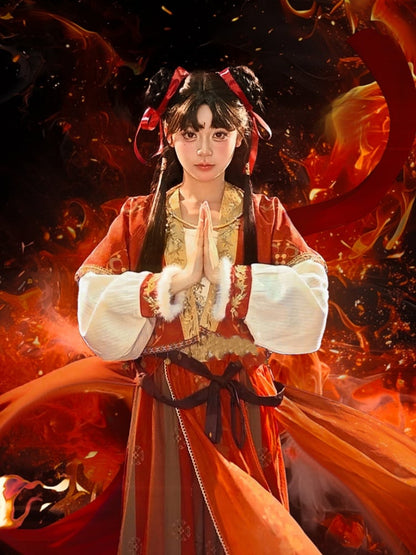 オーバーレイ付き赤いチャイナドレス風花柄ルーズパンツ