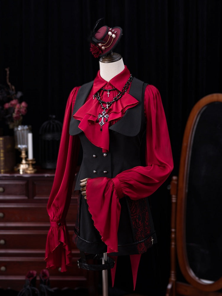 Black and Red Vampire Waistcoat with Bat Wing Tail and Curved Hem - DevilInspired Exclusive Collection