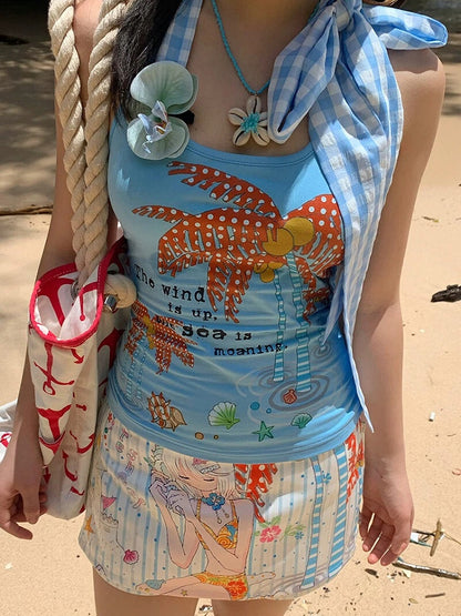 Palm with Self-tie Print Halter Blue Top Red