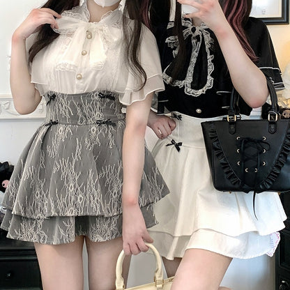 レースネックライン ジライ ブラック/ピンク/ホワイト ショールブラウス kei セルフタイ ボウトリム シフォン