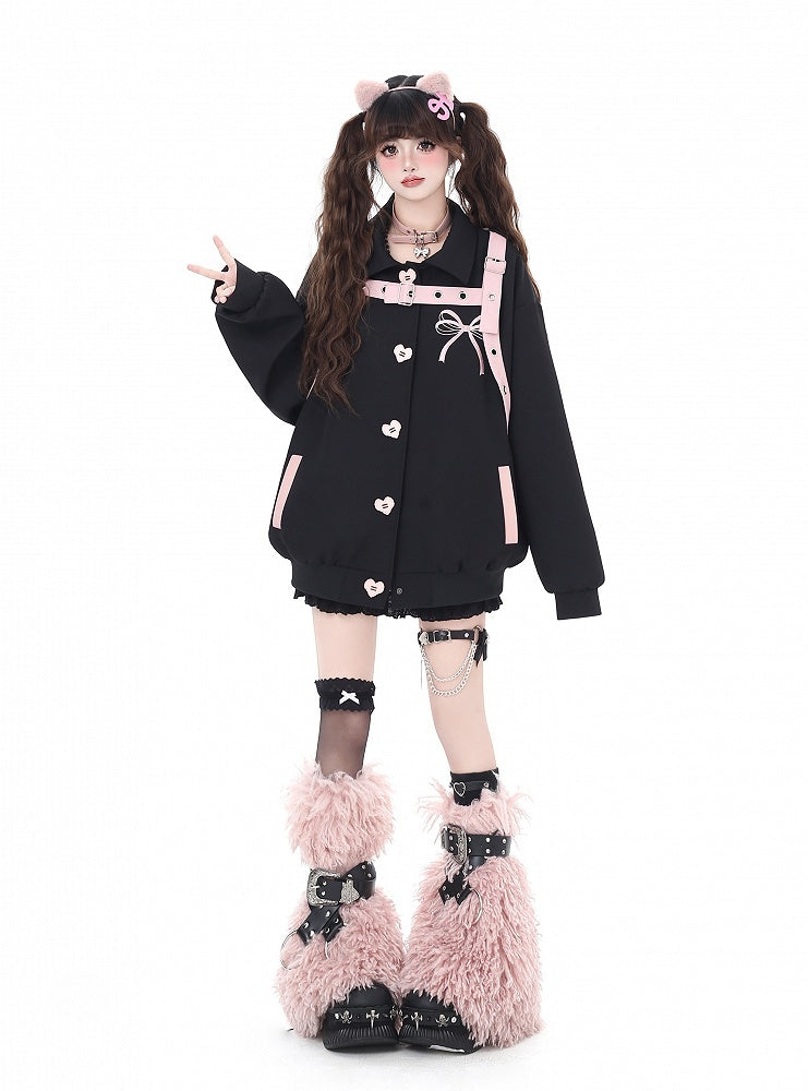 Black Heart-shaped Snap Baseball Jacket with Detachable Bowknot Strap