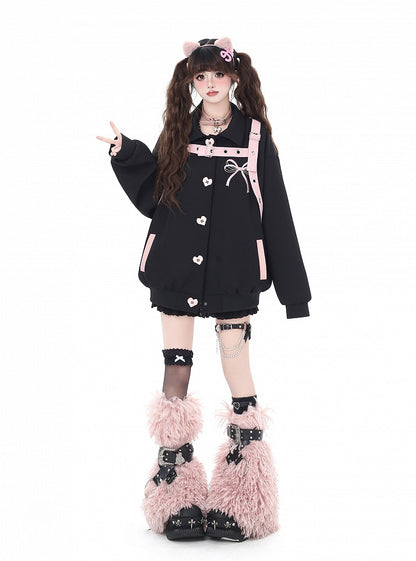 Black Heart-shaped Snap Baseball Jacket with Detachable Bowknot Strap