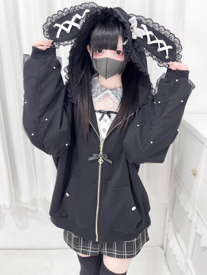 Hood Jirai Ear Kei Hoodie: Style Beaded Bunny Zip-Up Black Sleeve
