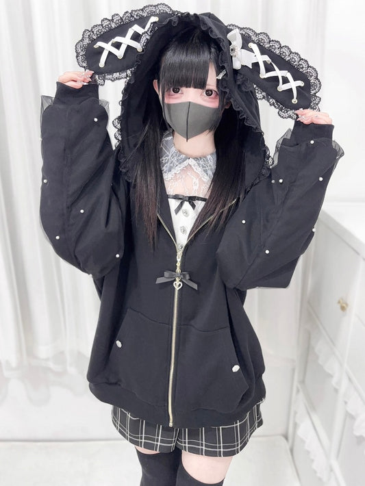 Hood Jirai Ear Kei Hoodie: Style Beaded Bunny Zip-Up Black Sleeve