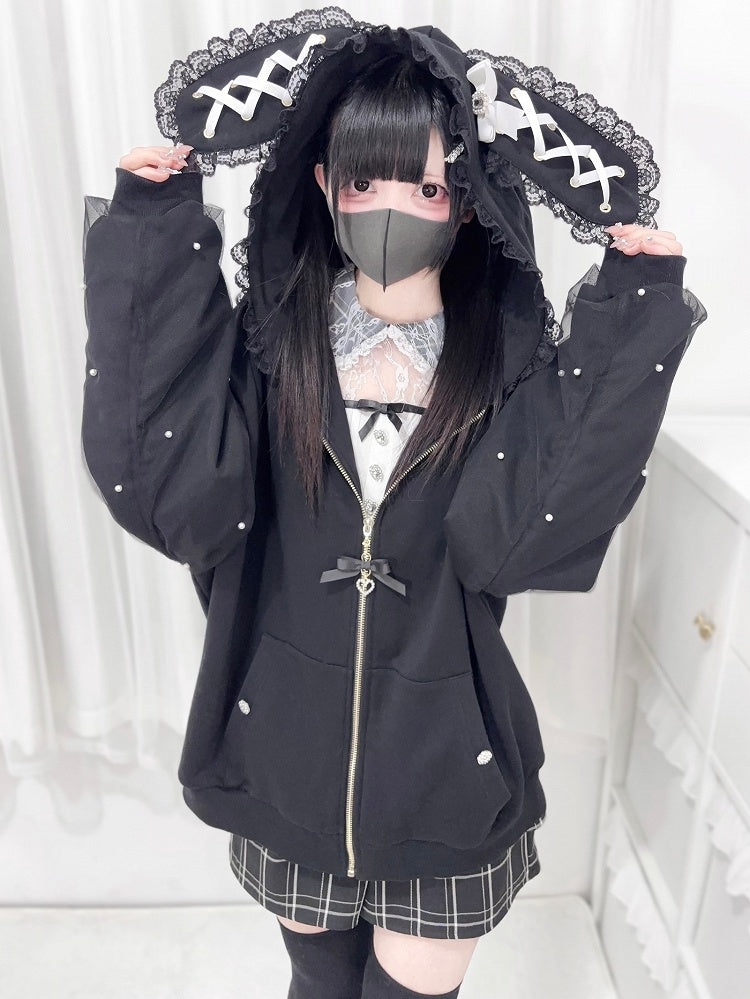 Hood Jirai Ear Kei Hoodie: Style Beaded Bunny Zip-Up Black Sleeve