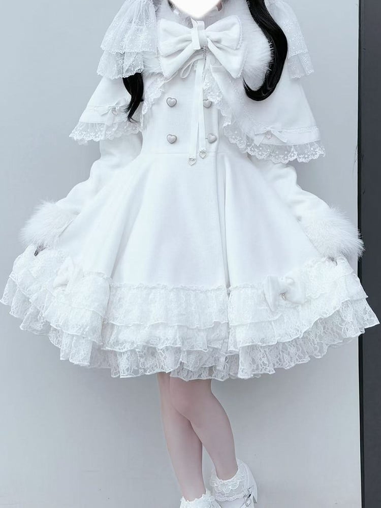 Jirai Kei White Tiered Lace Coat with Detachable Cape and Shaggy Collar