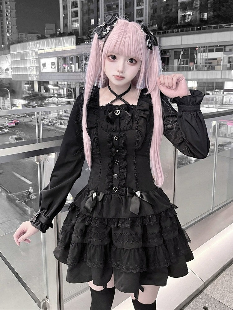 Jirai Kei Pure Black Halter-Neck Tiered Ruffle Dress with Bow Accents & Long Sleeves - Puppet Bombs