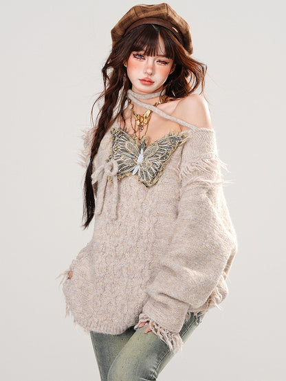 Khakifarbener, lockerer Denim-Pullover mit Schmetterlingsapplikation und rohen Kanten und Neckholder