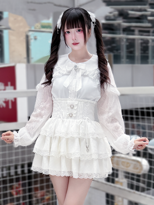 Style Design with Bow Landmine Long-Sleeve White Blouse Tie Cape Lace