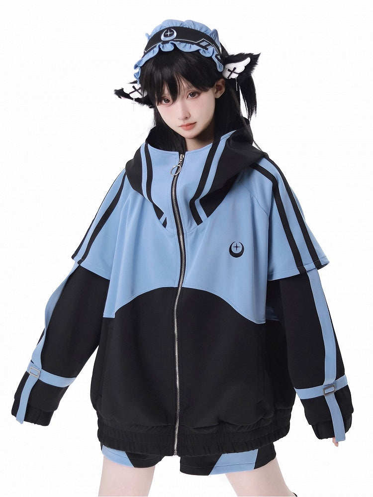 and Kei Sweatershirt Front Black Blue Up Long Sleeves Jirai Zip Jacket