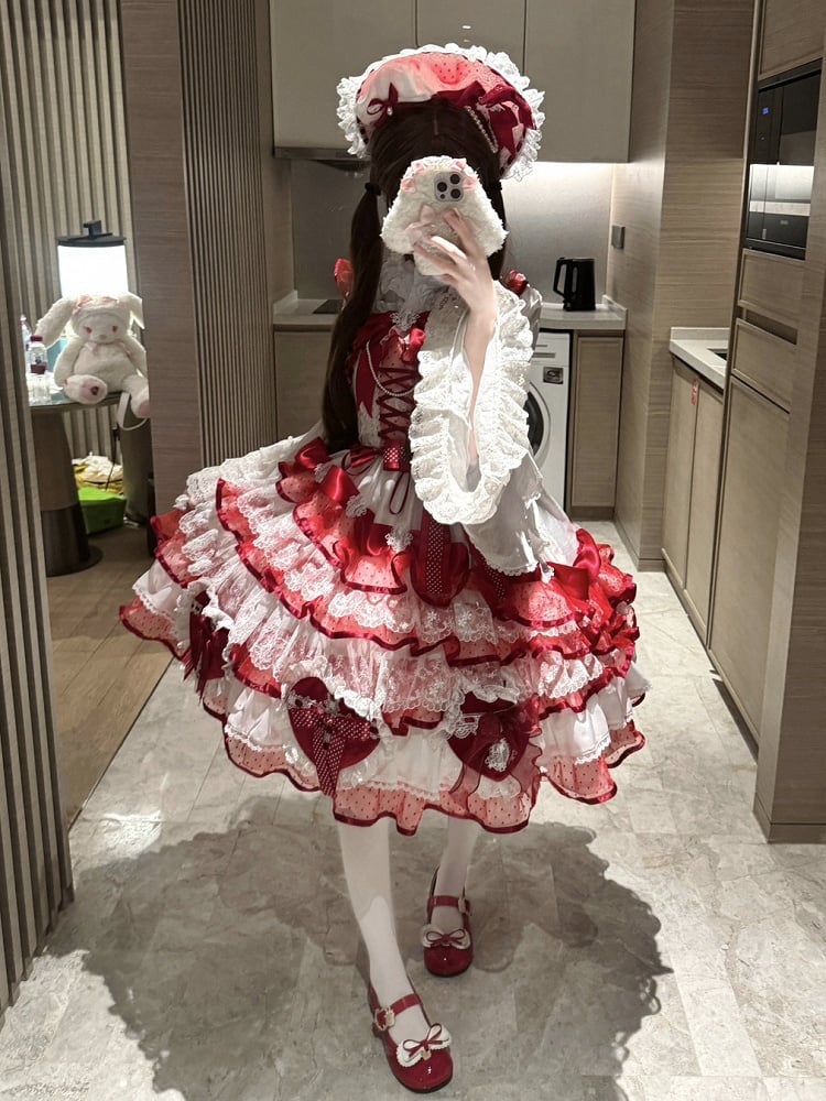 Kleid Lolita Herzförmig Mehrlagig Hanayome Weiß und Prinzessin Schleifen Rock Pullover Rot Dekoration