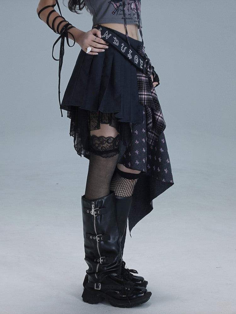 Gray Bow Pink Dark Plaid Asymmetrical Punk Pleated Skirt Print Panels with Patchwork