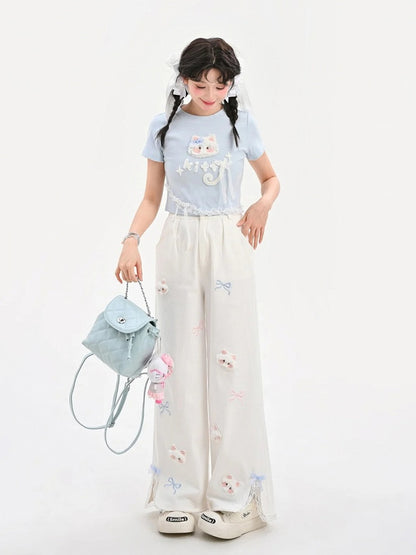 ロング/ショート ラウンドネック プラッシュバージョン ブルー Tシャツ 猫アップリケ